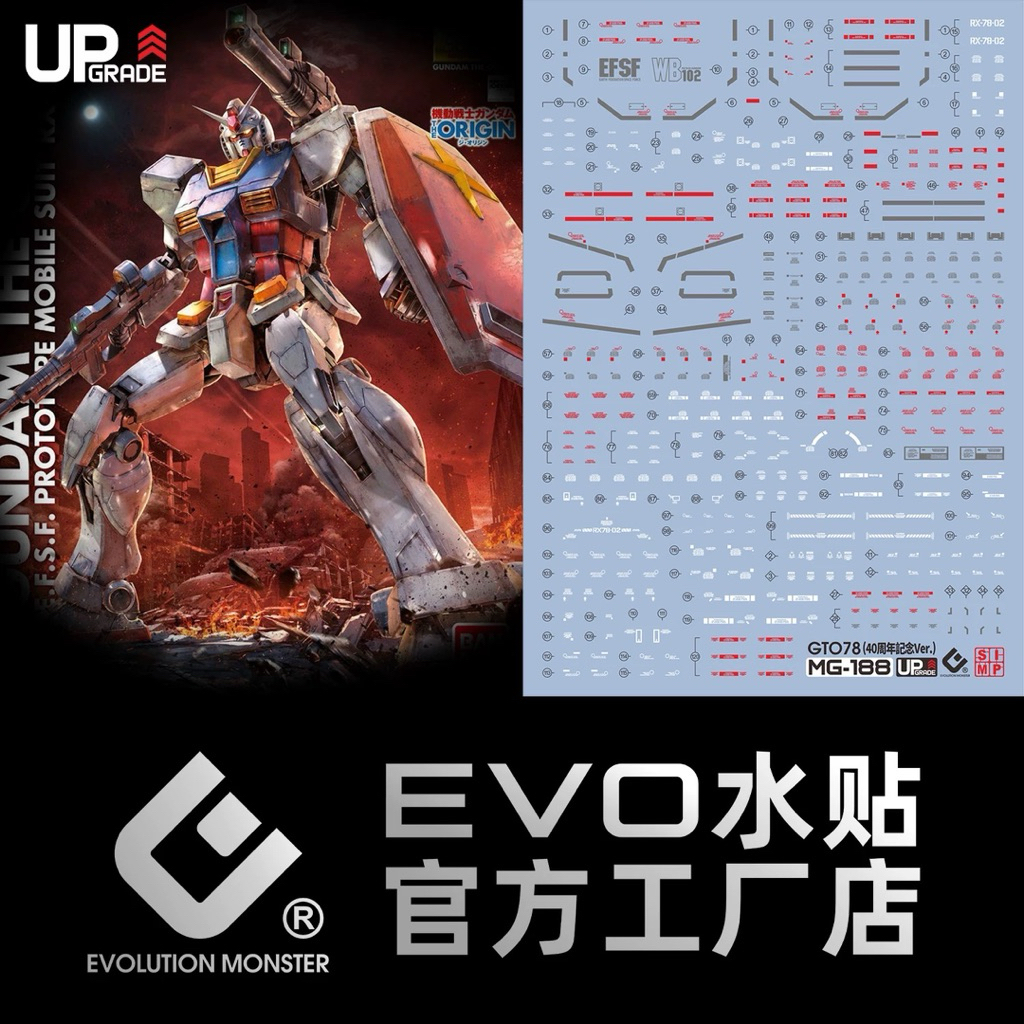 🟥🟦ดีคอลน้ำ EVO MG 188 DECAL MG 1/100 RX-78-2 Gundam (The Origin Ver.)เรืองแสงแบล็คไลท์