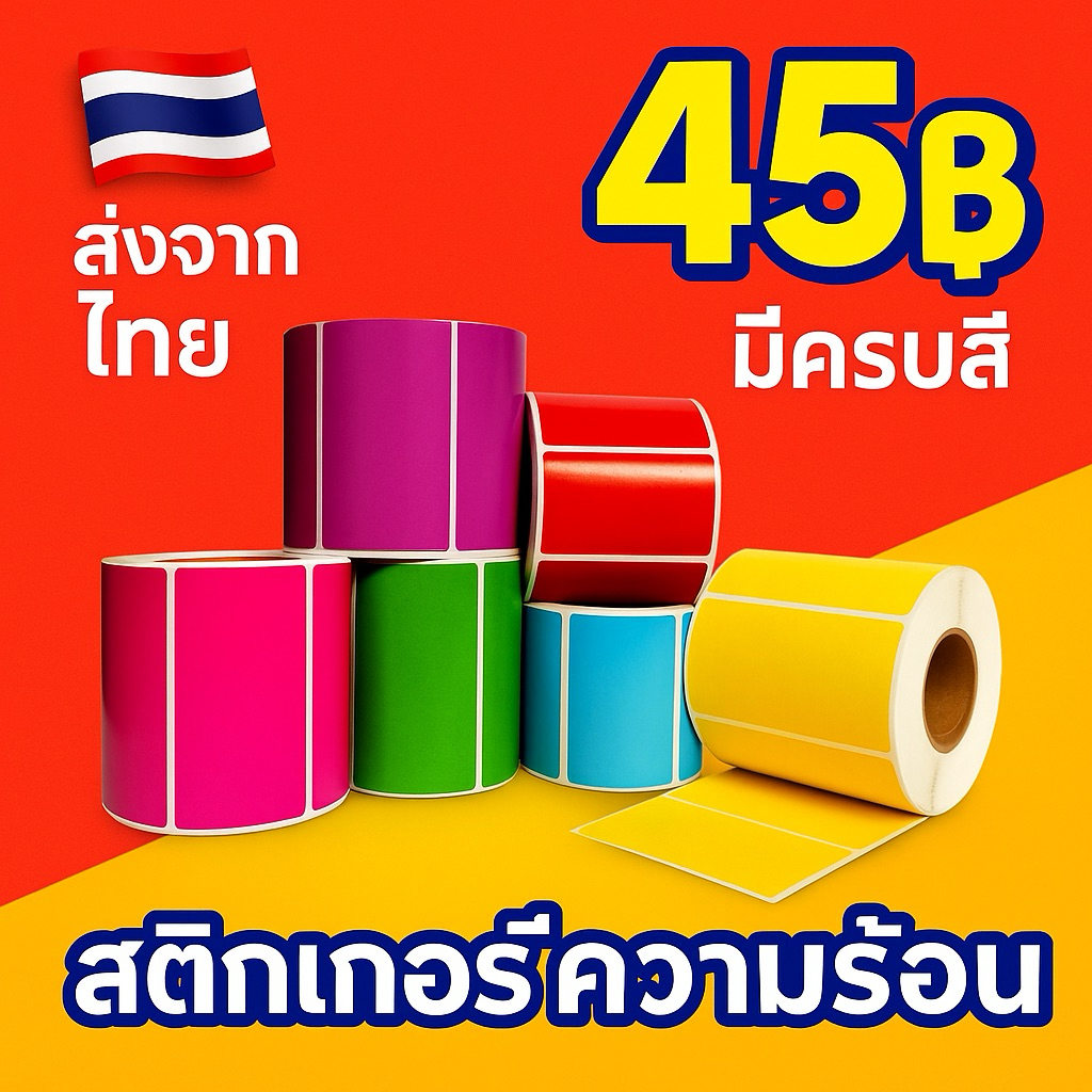 สติ๊กเกอร์ความร้อนสี บาร์โค้ด กระดาษความร้อนสี สติ๊กเกอร์สีสด พิมพ์ชัด ราคาถูก Thermal Label Printer แดง เหลือง ชมพู ฟ้า