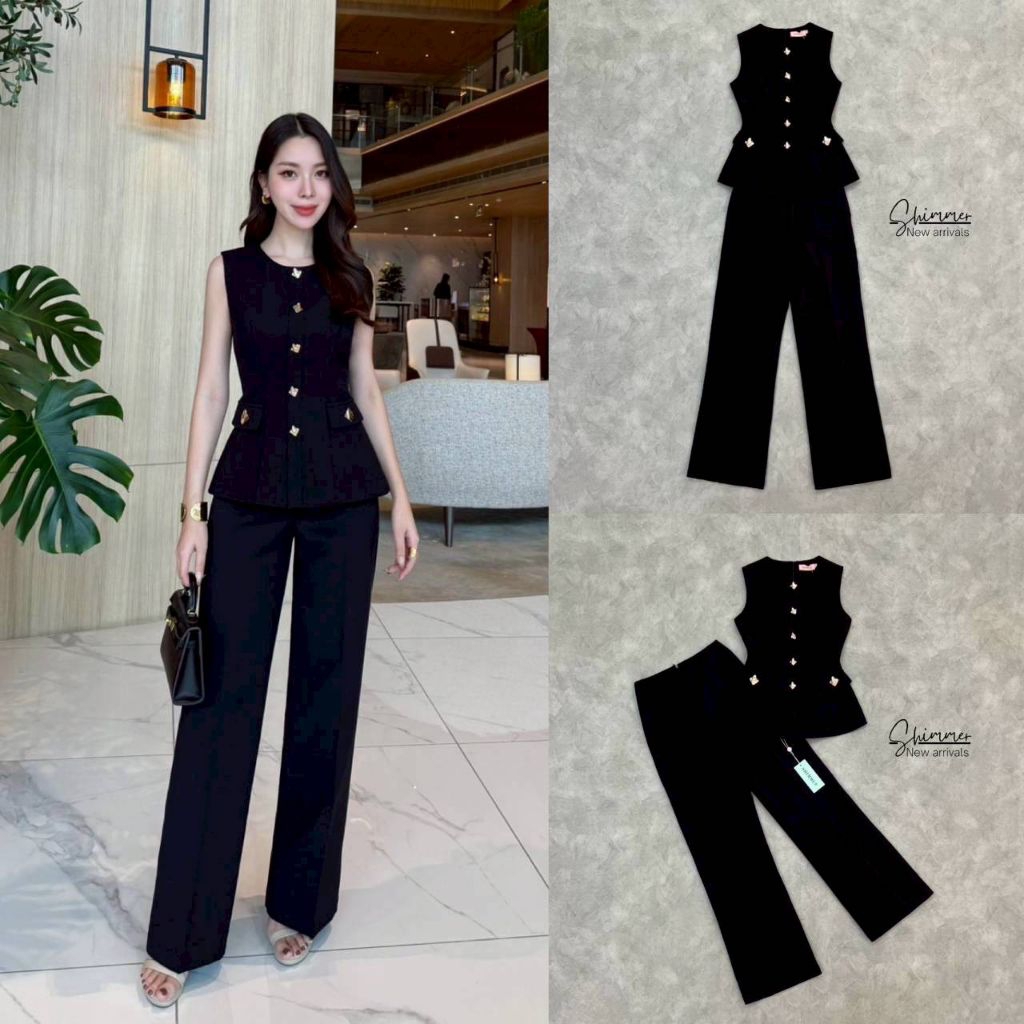 Shimmer เสื้อคอกลมแต่งกระดุมโลหะแพทเทิร์นสวยเข้ารูปเนื้อผ้าโพลีเอสเตอร์