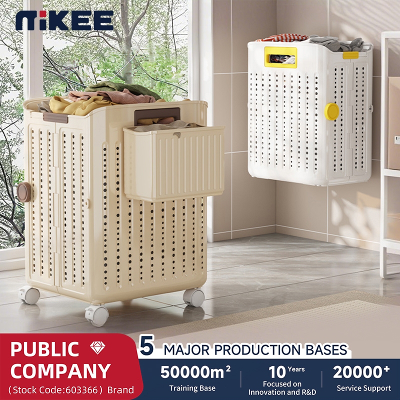 MIKEEตะกร้าเก็บของ ตะกร้าเสื้อผ้าสกปรก ตะกร้าเสื้อผ้าสกปรกพับได้พร้อมล้อเลื่อนเคลื่อนย้ายได้ กลวงออกตะกร้าเก็บระบายอากาศ