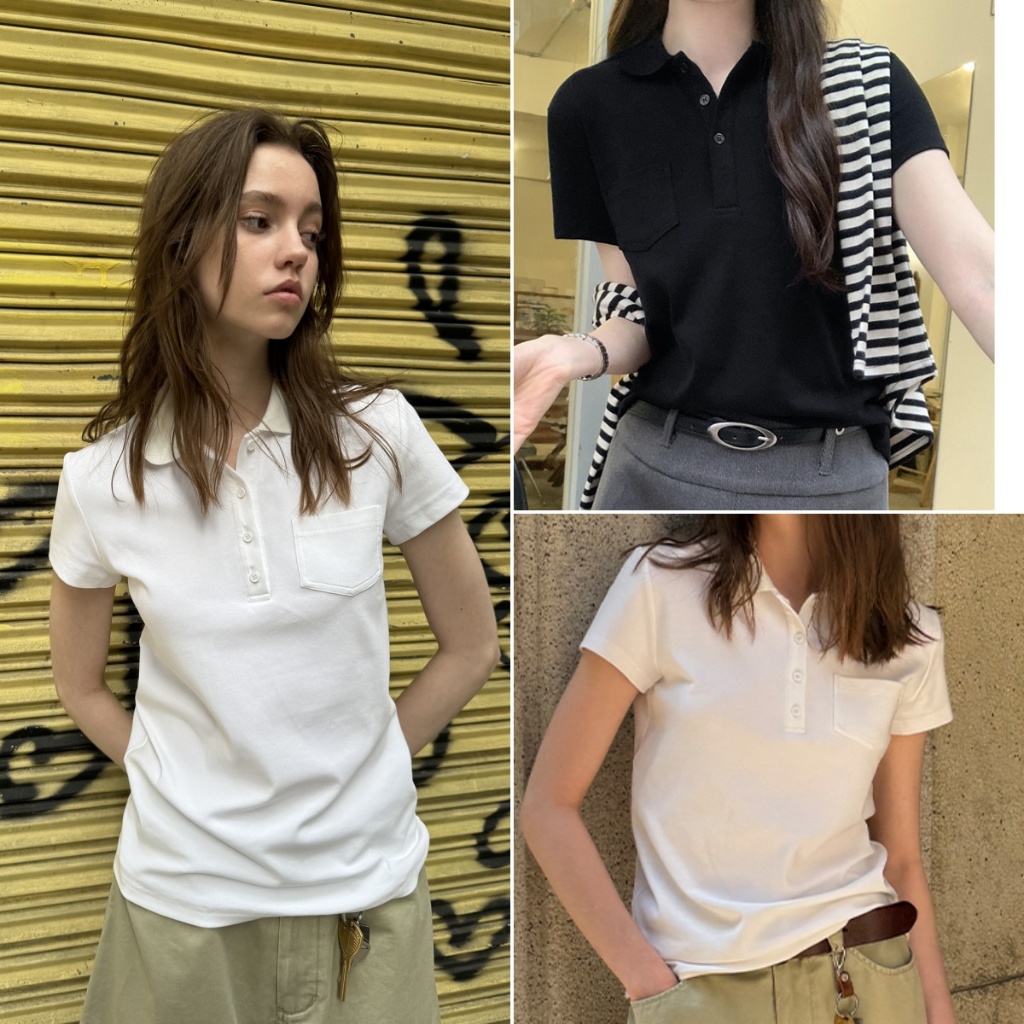 cherryshop🍒พร้อมส่ง เสื้อโปโลเกาหลี เสื้อยืดครอป แขนสั้น สไตล์สลิมฟิต สไตล์ย้อนยุคของวิทยาลัย สบายๆ และอเนกประสงค์