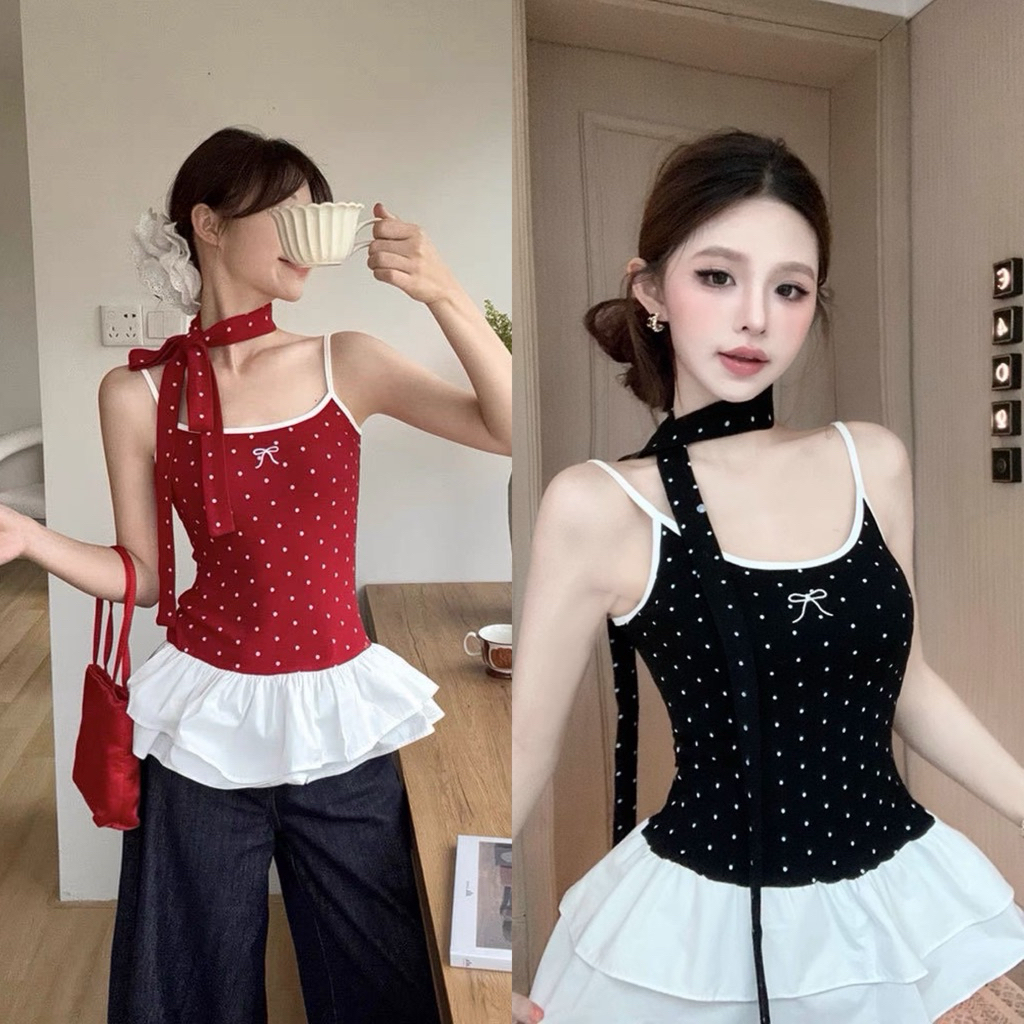 เสื้อสายเดี่ยว BunnyJ. พร้อมส่งในไทย ดีเทลลายจุด มีปลายกระโปรงอยู่ตรงปลายเสื้อ น่ารัก ตามเทรนPolka d