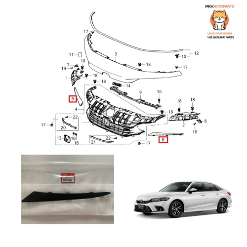 ตัวรองกระจังหน้า Honda Civic FE 2021-2023 โฉมก่อน MC แท้ศูนย์ราคาต่อ 1 ข้าง
