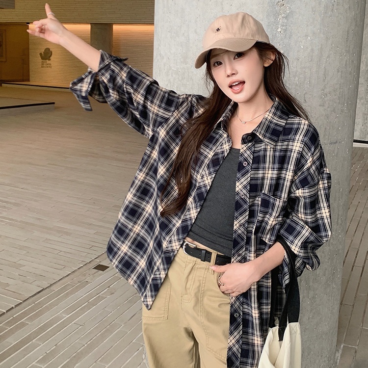เสื้อเชิ้ตย้อนยุคสไตล์อเมริกัน เสื้อเชิ้ตลายสก็อต แขนยาว ทรงหลวม ใส่ได้ทั้งชายและหญิง