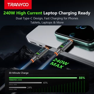 TRANYOO สายชาร์จเร็วมือถือ 240W TYPE-C เอฟเฟกต์แสงแบบไดนามิก ชิป E-MARKER lig&tning 36W