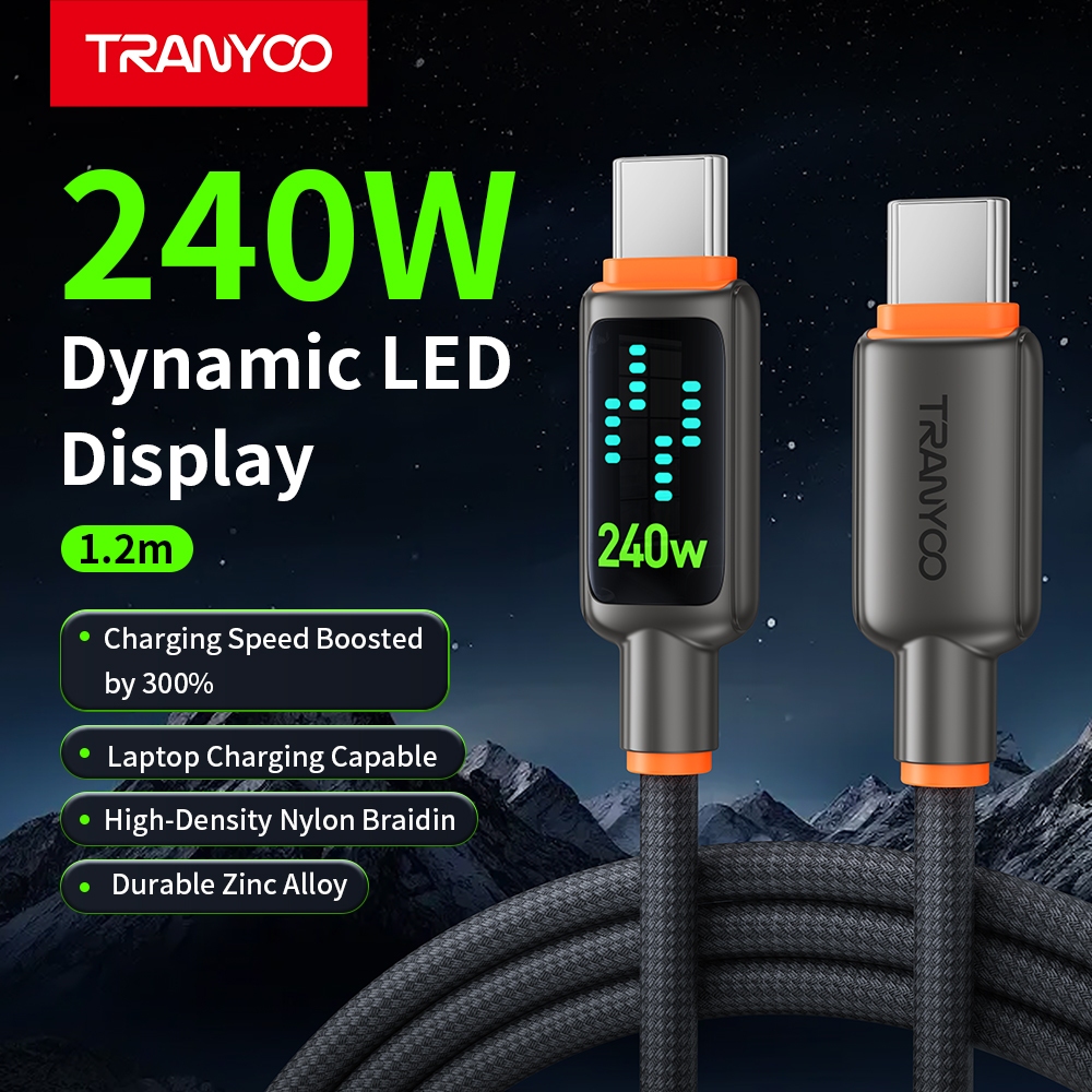TRANYOO สายชาร์จเร็วมือถือ 240W TYPE-C เอฟเฟกต์แสงแบบไดนามิก ชิป E-MARKER lig&tning 36W