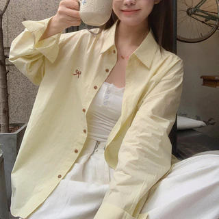 5 สี เสื้อเชิ้ตแขนยาว เสื้อยืดผู้หญิง สีพื้น ปักลายโบว์