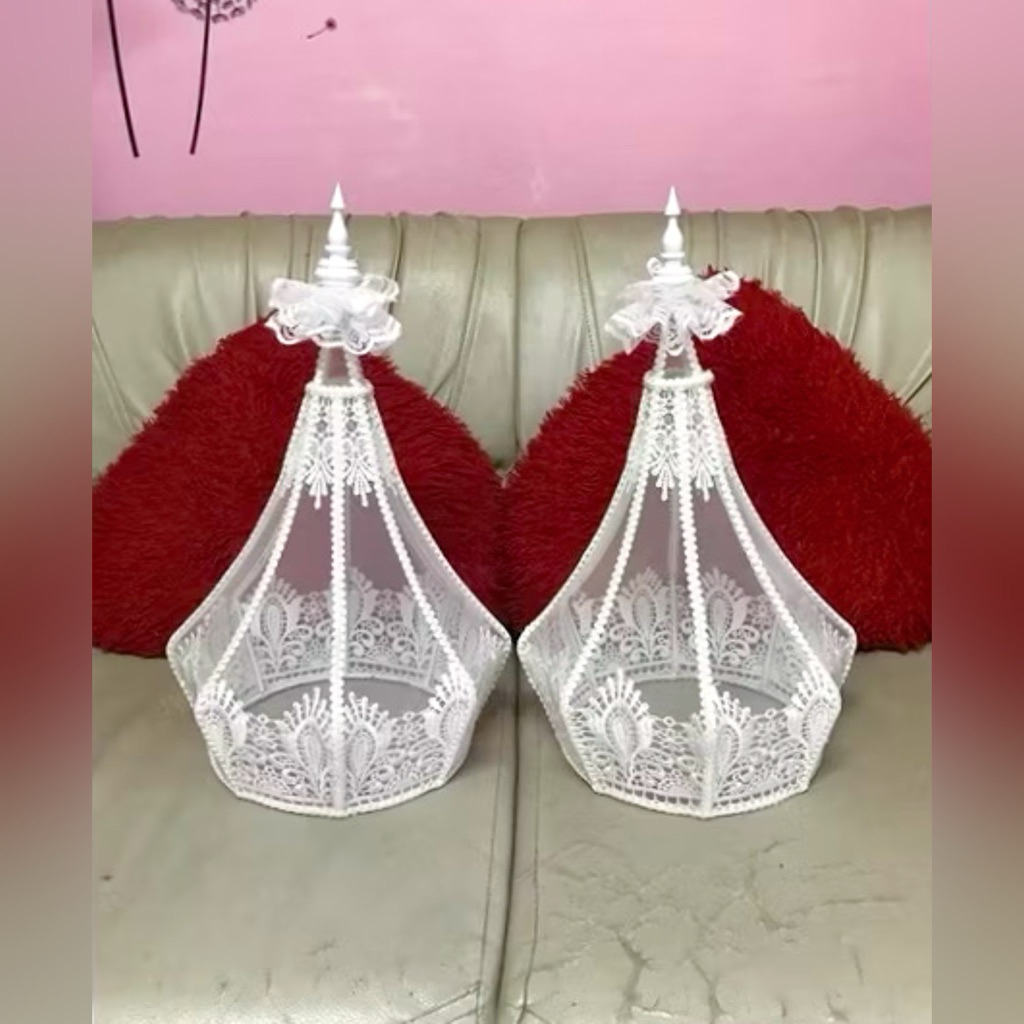 ฝาครอบขันหมากทรงวินเทจสีขาวและทอง ขนาด 8-10 นิ้ว