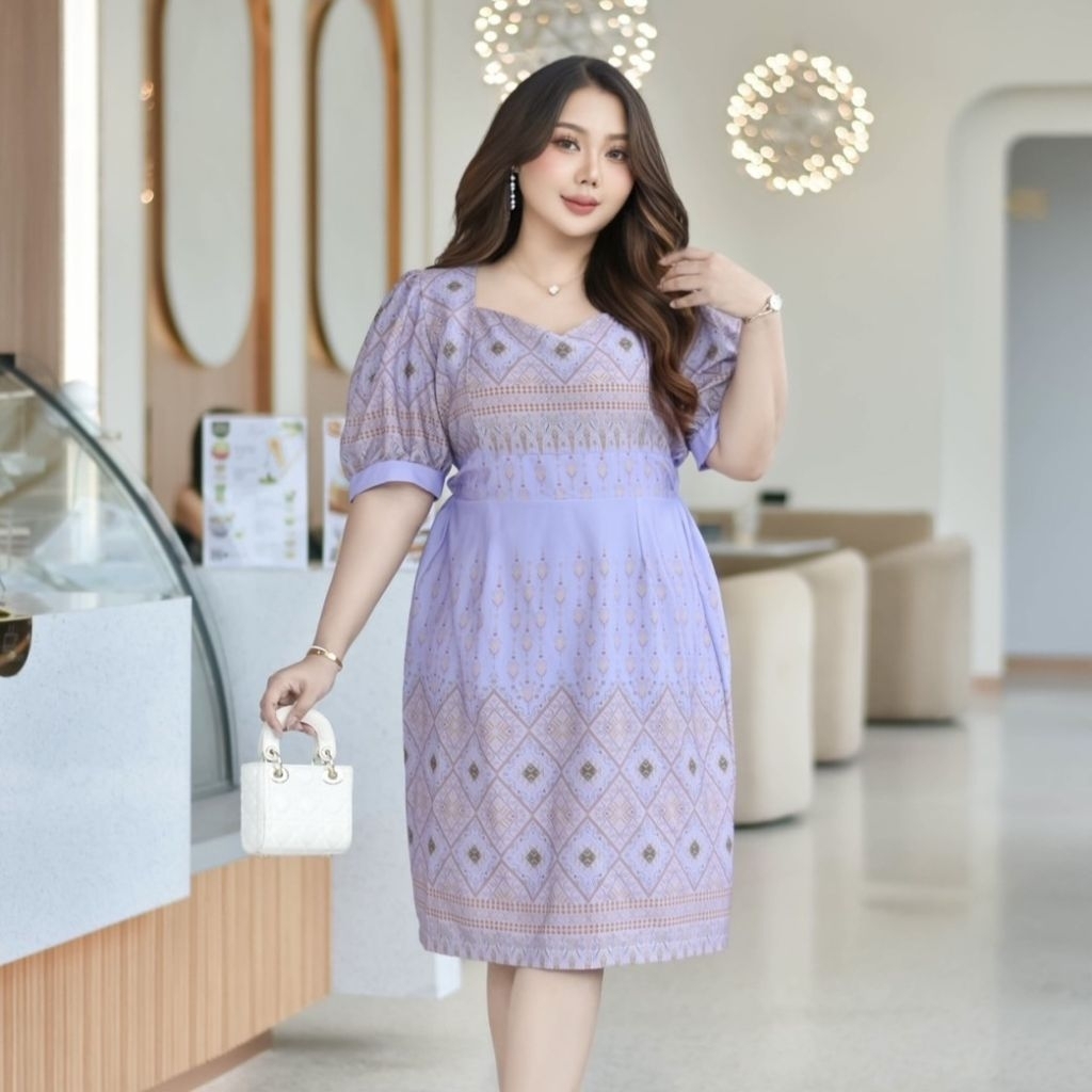 เดรสลายไทย อก42-60นิ้ว ไซส์ใหญ่ พิมพ์ลายไทย แขนตุ๊กตา ผ้าคลัช ยางยืดหลัง สีสวยมาก ชุดครู งานบุญ สาวอวบ MG25-0 - รูปที่ 4