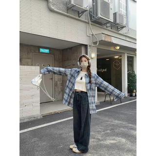 เสื้อเชิ้ตลายสก็อตสีน้ำเงินเทาคลาสสิกสำหรับผู้หญิง คาร์ดิแกนแขนยาว ทรงหลวม กระเป๋าหน้า สวมใส่ได้ทุกวัน