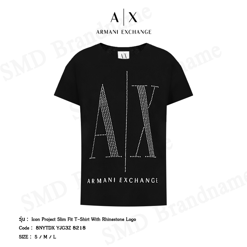 Armani Exchange เสื้อยืดคอกลมผู้หญิง รุ่น Icon Project Slim Fit T-Shirt With Rhinestone Logo Code: 8NYTDX YJG3Z 8218