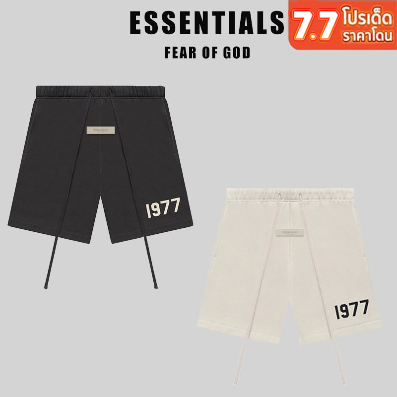 กางเกงขาสั ้ นเหงื ่ อของแท ้ Fear Of God Essentials 1977  กางเกงขาสั้นกีฬาพิมพ์ลายกำมะหยี่