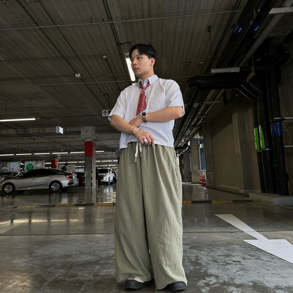 fitment กางเกงโอเวอร์ไซส์ ทรงใหญ่ ฟรีไซส์ สีมัชฉะลาเต้