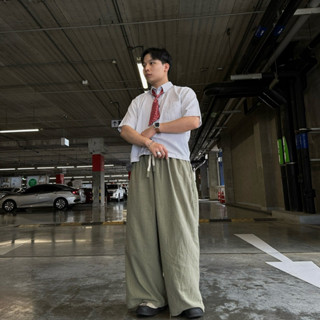 fitment กางเกงโอเวอร์ไซส์ ทรงใหญ่ ฟรีไซส์ สีมัชฉะลาเต้