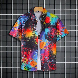 ลายใหม่ เสื้อเชิ้ตฮาวายแขนสั้น สาดสี สีสด ทรงวัยรุ่น ใส่ได้ห…