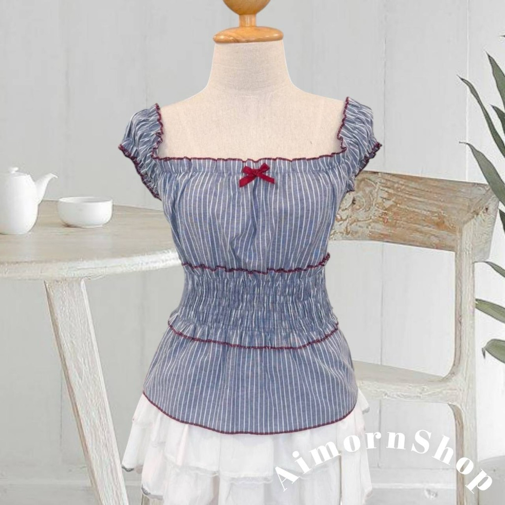 🔥aimorn_shop🔥เสื้อสม็อคช่วงเอว แขนตุ๊กตา ใส่ปาดไหล่ได้ ลายริ้วชิคๆ สีหวานละมุนมาก - รูปที่ 3