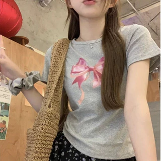 🎀shopmkl🎀เสื้อยืดแขนสั้น เสื้อยืดลายพิมพ์โบว์สีชมพู เแฟชั่นสไตล์เกาหลี มี6สีให้เลือก🎀 #9677