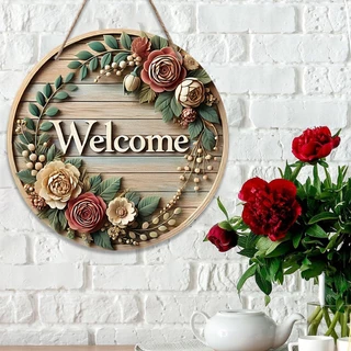 💥พร้อมส่งป้ายไม้แขวนวินเทจตกแต่งwelcome ทรงกลม ขนาด 20 cm.