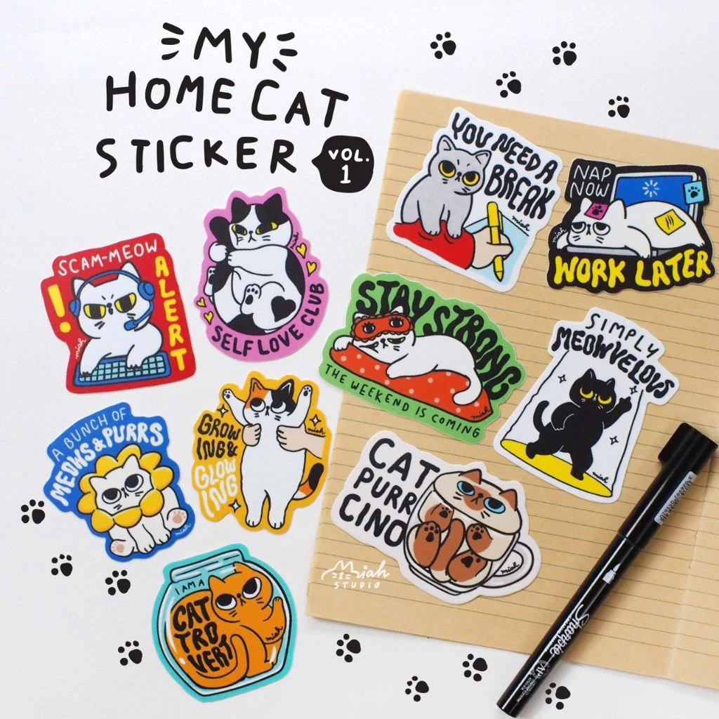🏠 พร้อมส่ง 🏠 สติกเกอร์ กันน้ำ ชุด My Home Cat Sticker Vol.1 by Miah Studio ลายเจ้าแมวสามัญประจำบ้าน กับแคปชั่นกวนๆ