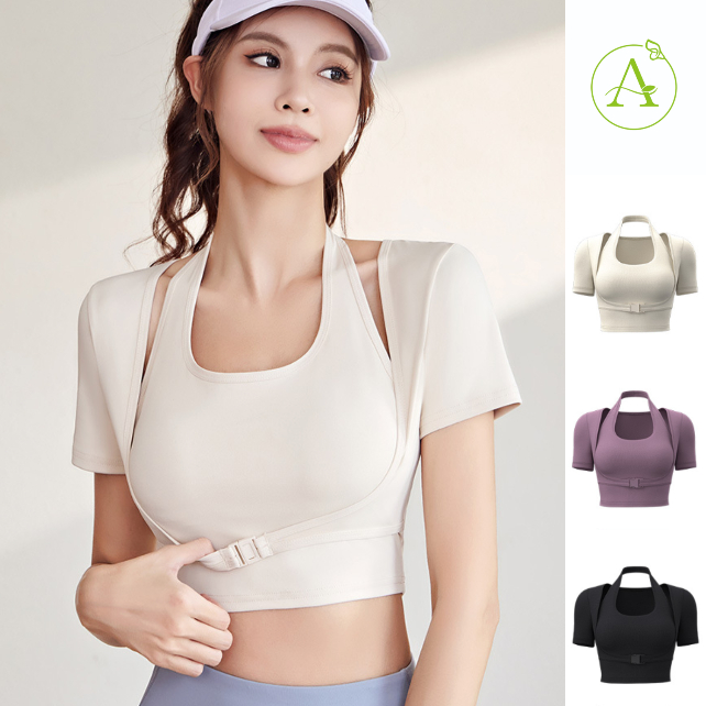 Araya Lady เสื้อออกกำลังกายผู้หญิง เสื้อครอปโยคะแขนสั้น เสื้อบราแขนสั้น แบบ 2 ชั้น (YOGA-637)