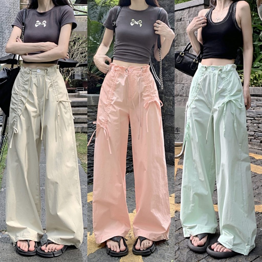 Blossom Closet🐠ชุดเอี๊ยมลำลอง กางเกงเอวสูงผู้หญิง สไตล์เกาหลี เชือกผูก สีพื้น ทรงหลวม