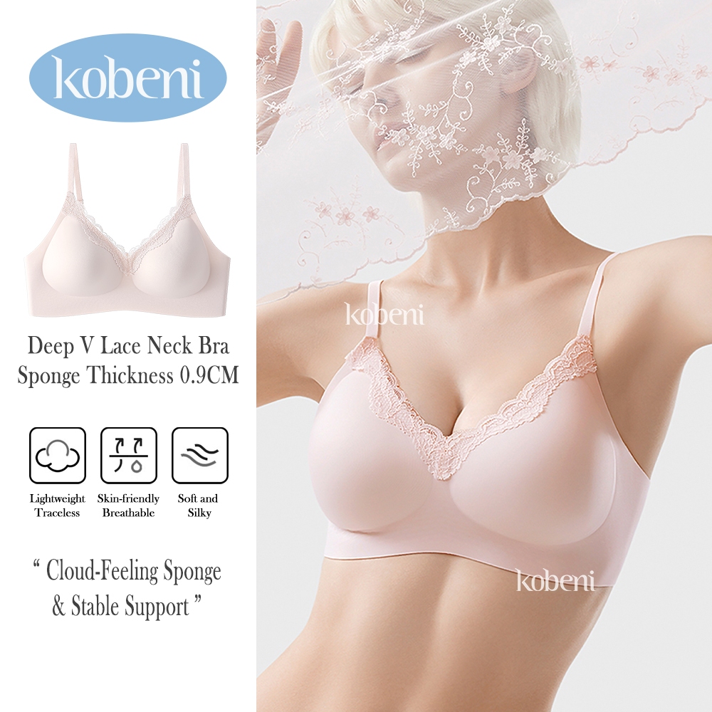 ⭐KOBENI⭐BRA เจลลี่บราไร้ขอบ ไร้โครง แต่งขอบลูกไม้คอวี เซ็กซี่ ฟองน้ำดันทรงกระชับอกชิดสวย ผ้านิ่มใส่ส