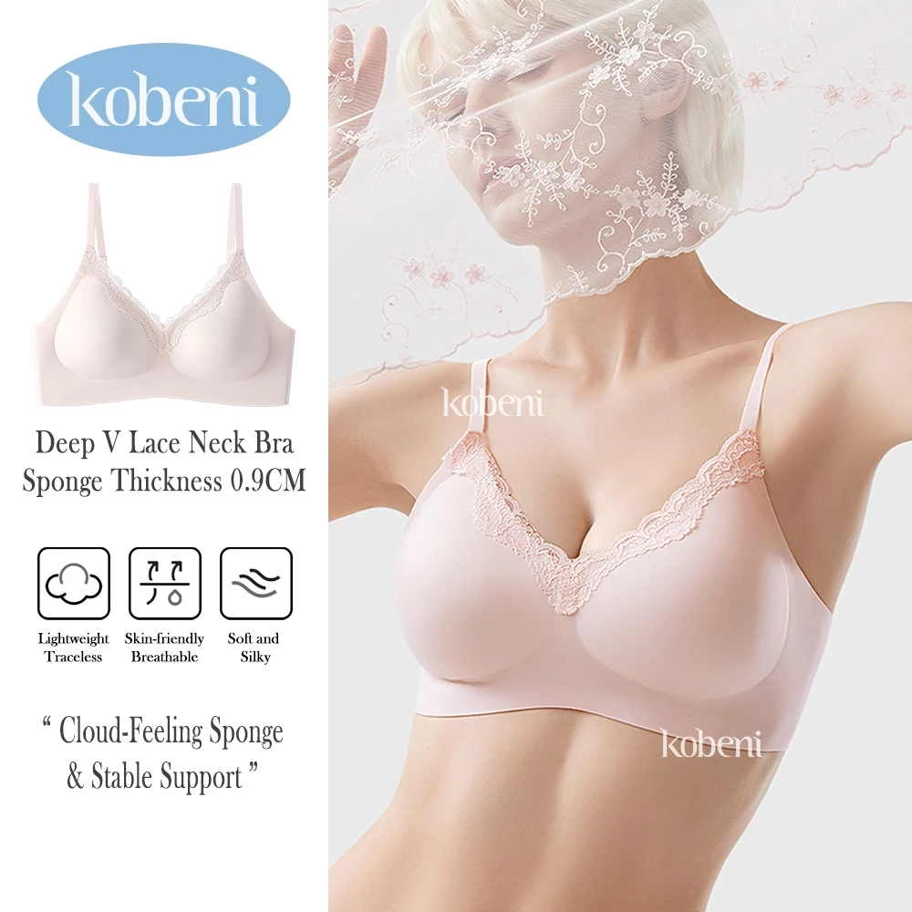 ⭐KOBENI⭐BRA เจลลี่บราไร้ขอบ ไร้โครง แต่งขอบลูกไม้คอวี เซ็กซี่ ฟองน้ำดันทรงกระชับอกชิดสวย ผ้านิ่มใส่สบาย