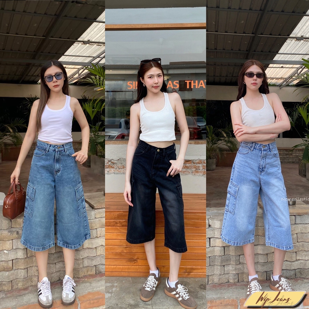 กางเกงยีนส์ผู้หญิงคาร์โก้5ส่วนผ้าไม่ยืดกางเกงคาร์โก้ขาสั้นมีไซส์ใหญ่Sถึง5XL