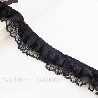ลูกไม้ระบาย ขอบซาติน+ชายผ้าโปร่ง ขนาด 5ซม สีขาวดำ🤍🖤 (✂️ตัดขายเป็นหลา) #18924