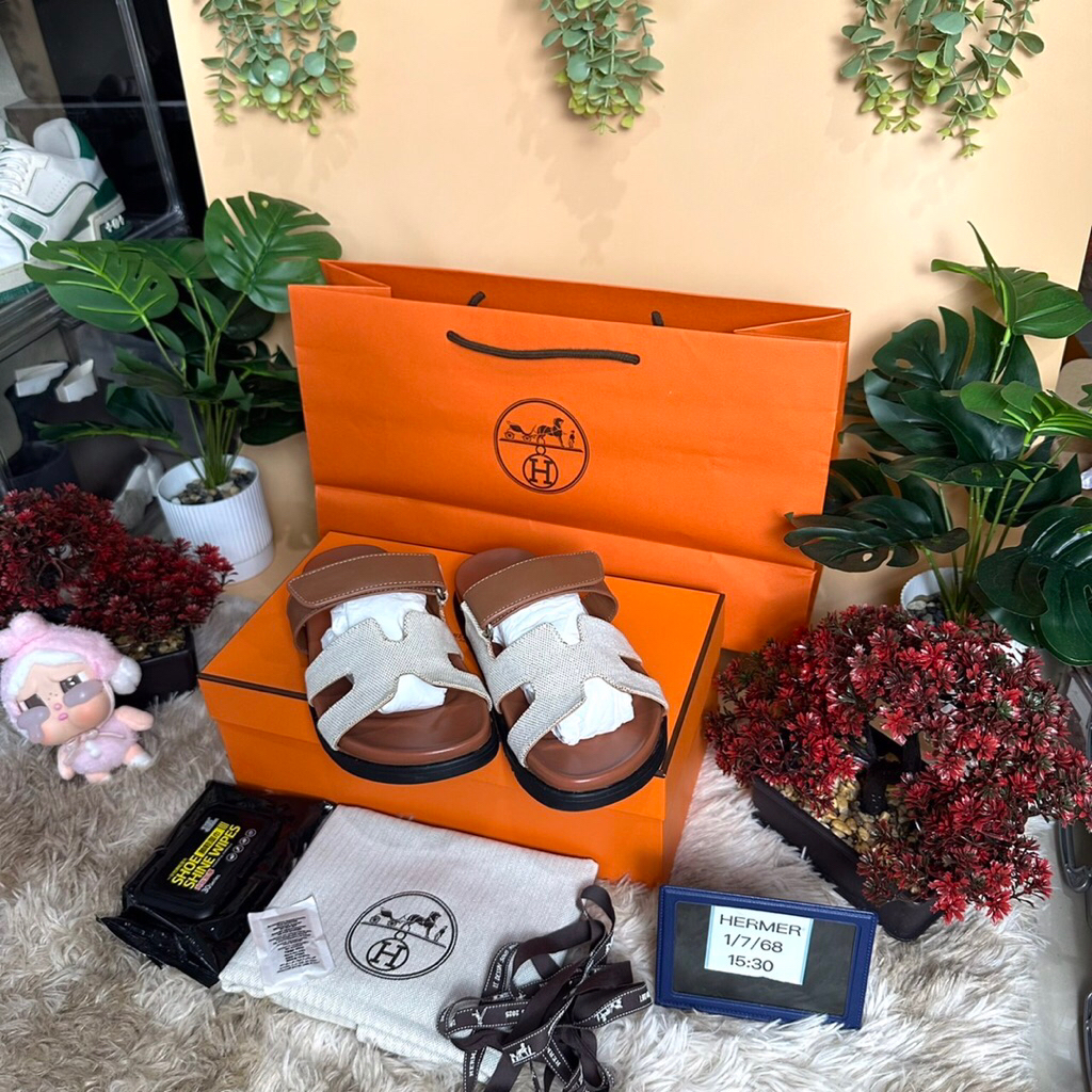 🙏🏻❤️Used Like New Hermes Chypre Sandal In H Canvas And Calfskin  Size 39 เหมาะเท้า 24.5-25Cm