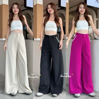 Acasey กางเกงขายาวผู้หญิง ขากระบอกใหญ่ ขาบาน แต่งเอวลูกไม้ ผ้าลิลลี่ ใส่สบาย ไซส์ S - XL