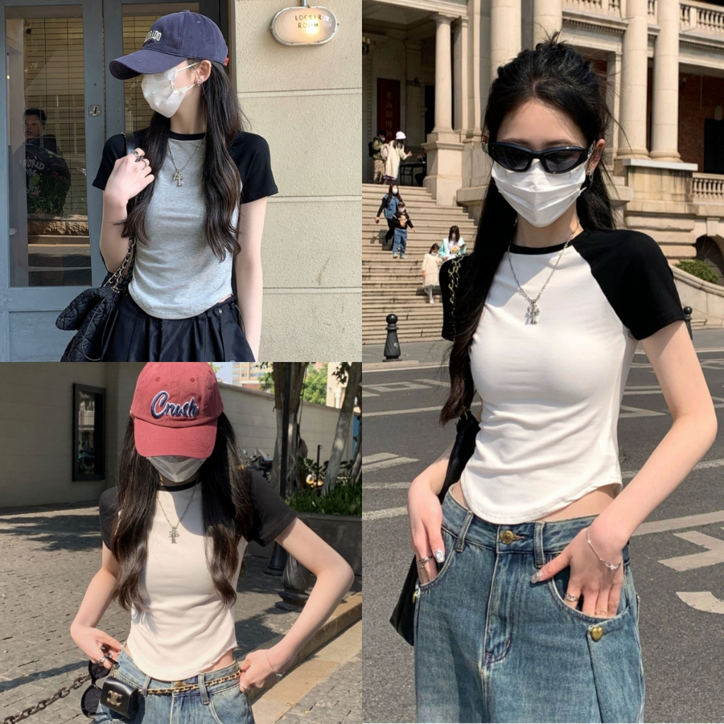 เสื้อยืดผู้หญิงแขนสั้น เสื้อครอป ตัดเย็บสีตัดกัน ทรงโค้ง เข้ารูป เข้ารูปพอดีตัว ใส่ได้ทุกวัน – โปรปัง
