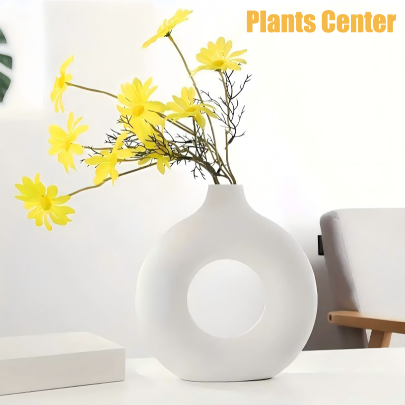 PlantsCenter T057 แจกันดอกไม้สีขาว สไตล์นอร์ดิก ทรงโดนัท วัสดุพลาสติกจำลองเซรามิก ดีไซน์สวย แข็งแรง