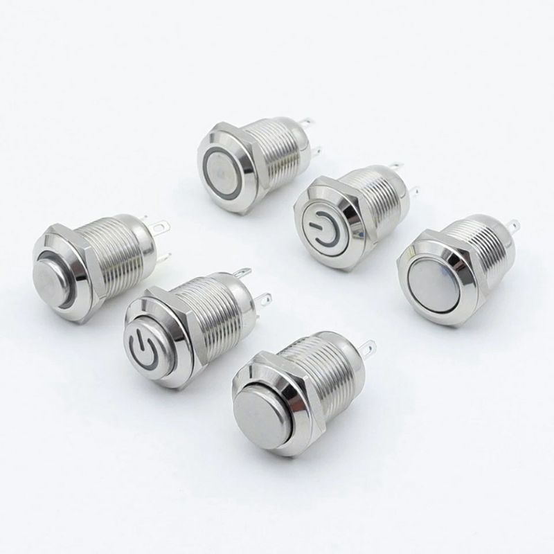 Switch สวิตซ์กันน้ำ ปุ่มโลหะ กดติดปล่อยดับ 2 ขา 12mm (ปุ่มกดเรียบ)