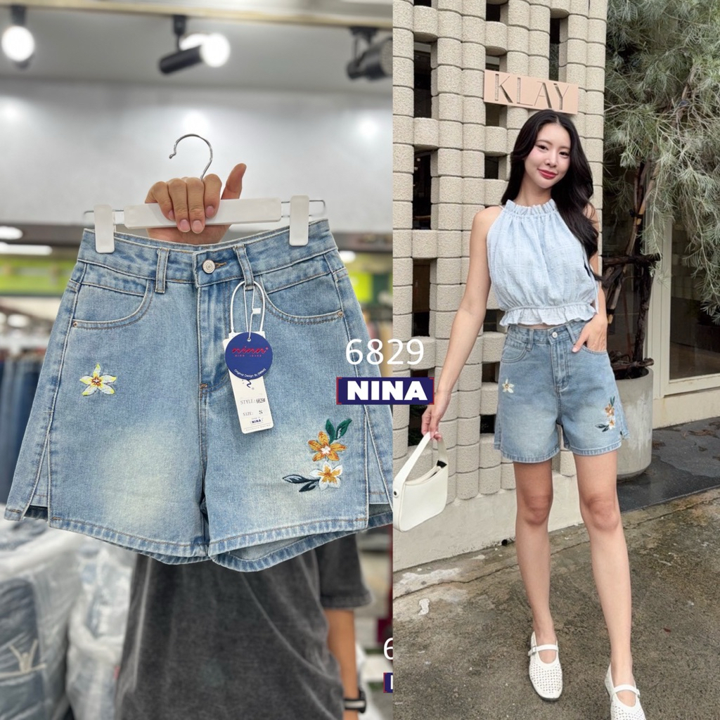 🌈𝑵𝒊𝒏𝒂.𝒋𝒆𝒂𝒏𝒔#6829 กางเกงขาสั้นงานผ้าไม่ยืด เอวสูง งานปักดอกไม้น่ารักๆ วินเทจวินใจ