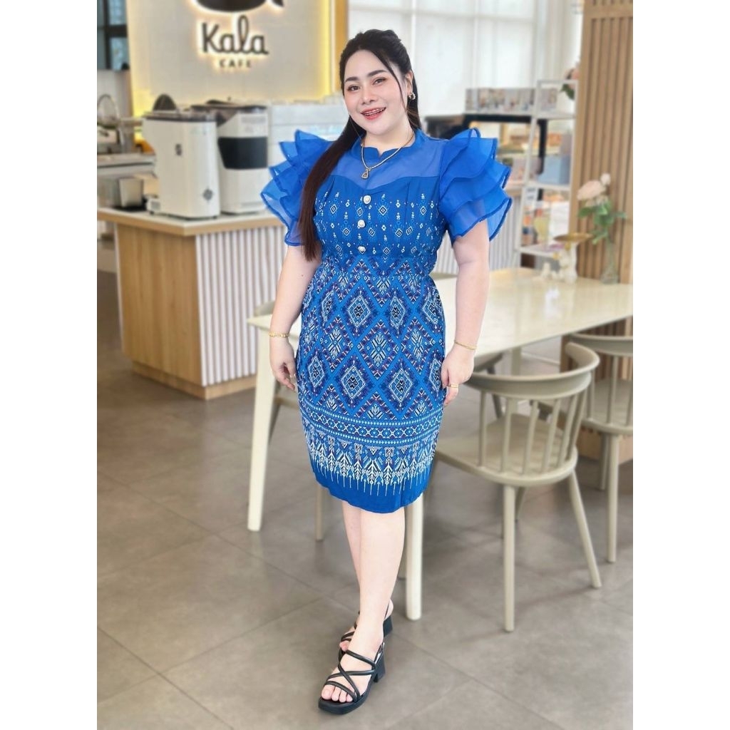 เดรสผ้าไทยประยุกต์แต่งแขนระบาย ใส่ออกงานบุญงานบวช งานพิธีการ งานแต่งทอดกฐิน - รูปที่ 3