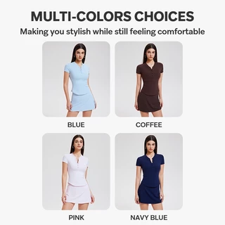 Cosleaf เสื้อออกกำลังกายแขนสั้น ดีไซน์กระดุมครึ่งตัวเข้ารูป กระโปรงทรงตรงมีซับในตัวผ้าเย็เบาสบายไปเที่ยวค่าเฟ่ได้ทุกลุค