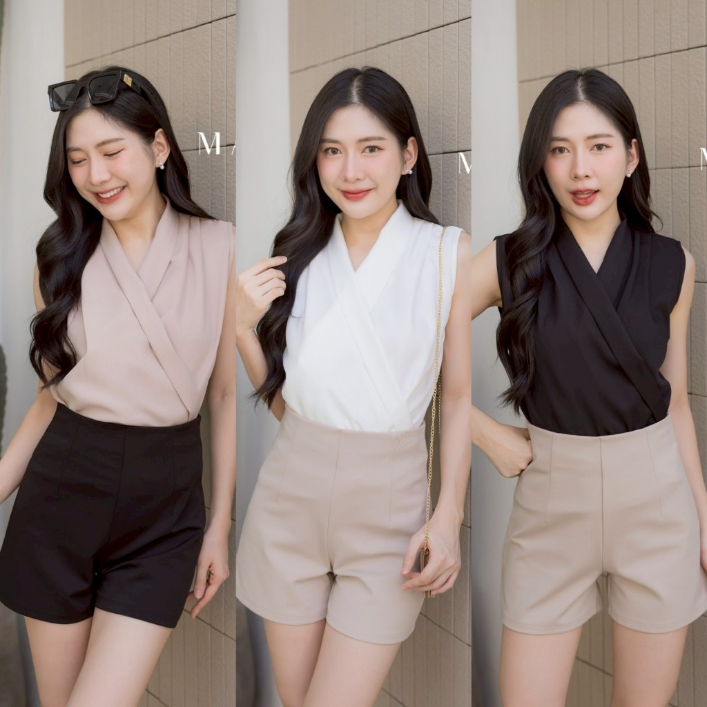 📮ส่งไว📮🥀 เสื้อคอวี เสื้อระบาย สไตล์เกาหลี  ผ้าเนื้อเนียนมาก (LT033)