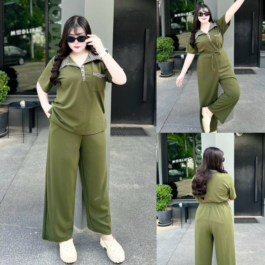 T0016 ผ้าลาย ชุดเซ็ทเสื้อปกสาบยาว+ขายาว ผ้าลายน่ารักๆ ชุดเซ็ทสาวอวบ-อ้วน ขายาว