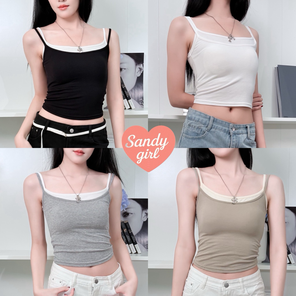 Sandy.girl เสื้อกล้ามผู้หญิง 💖 สายเดี่ยว ครอป พร้อมส่งในไทย ดีเทลสายเดี่ยวสองชั้น สองโทน เพิ่มความสตรีทในตัว