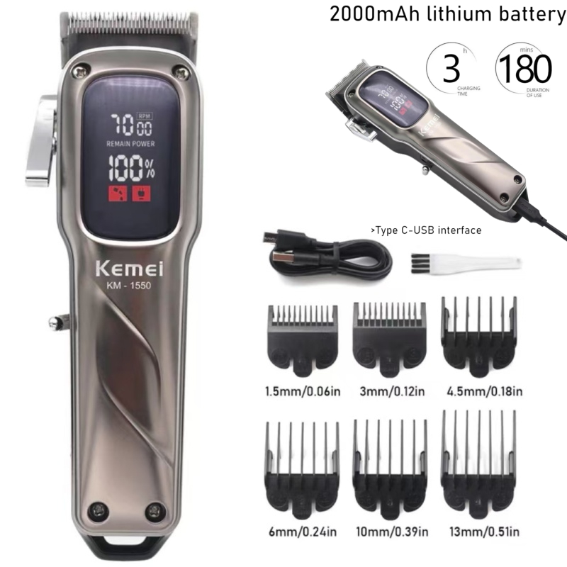 Kemei km1550 ปัตตาเลี่ยนมืออาชีพผมไร้สายสําหรับผู้ชาย - เครื่องตัดเสียงรบกวนต่ําพร้อมจอแสดงผล LED