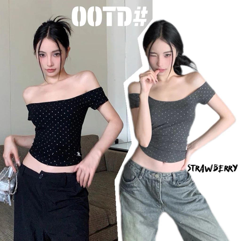 STR พร้อมส่ง🫐เสื้อยืด เสื้อปาดไหล่ แขนสั้น รัดรูป ติดเพชรสะท้านแสงทั้งตัว แต่งตัวง่าย ดีไซน์เรียบง่าย แฟนชั้นผู้หญิง