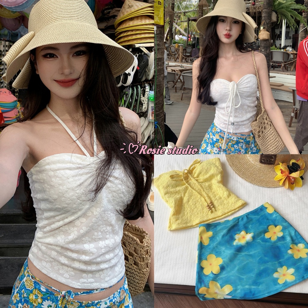 ROSIEพร้อมส่ง🌼เสื้อเกาะอกลายลูกไม้ เสื้อคล้องคอปักลายดอกไม้ ใส่ได้สองแบบ สายห้อยคอหรือผูกหน้า ชุดไปทะเล สไตล์สาวซัมเม