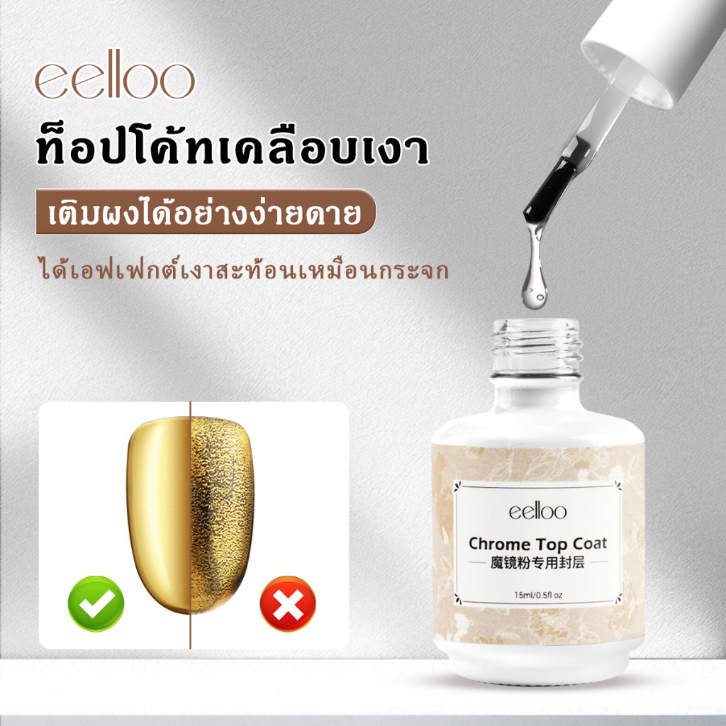 eelloo 15ml ท็อปเจลสำหรับขัดผง Mirror Top Coat เจลคุณสมบัติพิเศษสำหรับทำเล็บ ท็อปแก้ว เคลือบเล็บเจล