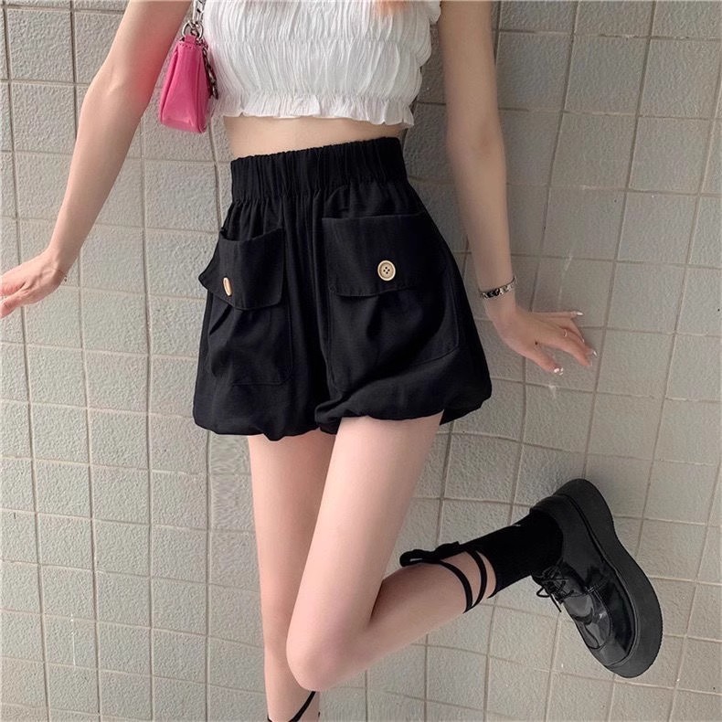 กางเกงขาสั้นสไตล์เกาหลี กางเกงลำลองผู้หญิง เอวสูง หลวม กระเป๋าใหญ่ เชือกผูก เรียบง่ายและอเนกประสงค์ - รูปที่ 2