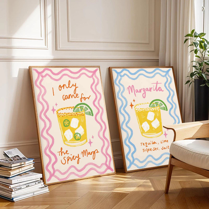 (พร้อมส่งจากไทย ภาพรวมกรอบ)ภาพวาดลายเครื่องดื่ม ค็อกเทล โปสเตอร์ Margarita Mojito Negroni สําหรับตกแ