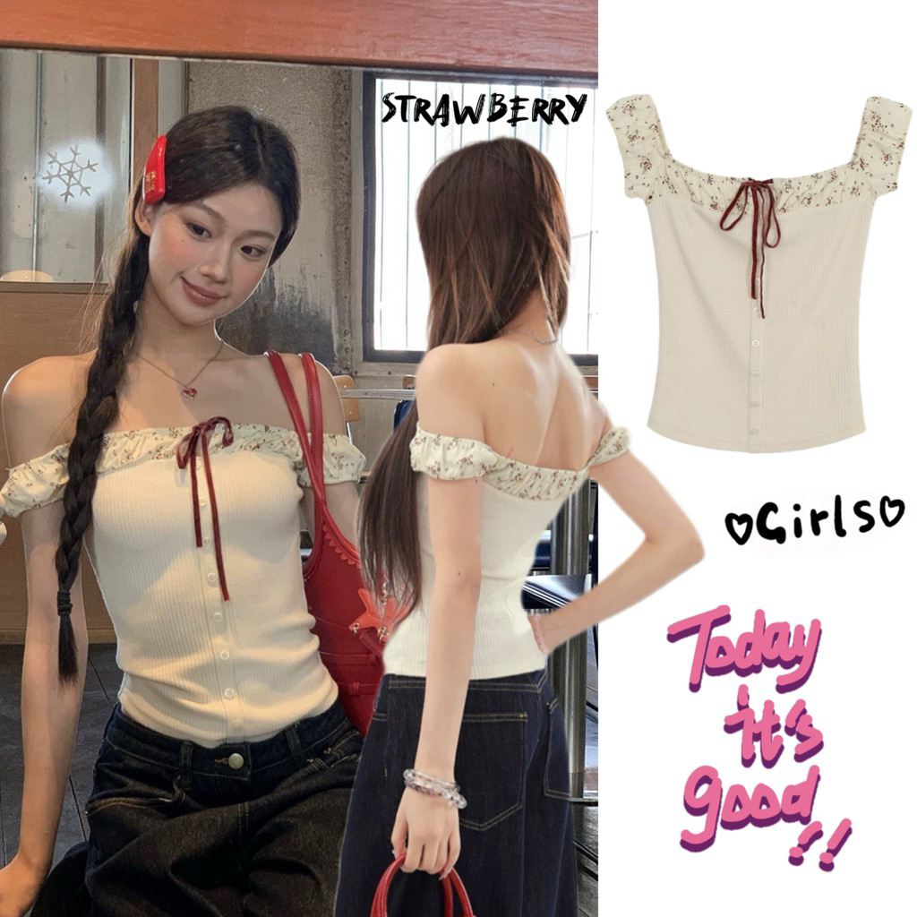 STR พร้อมส่ง ✨เสื้อยืดเสื้อปาดไหล่สวยๆผู้หญิง เสื้อยืดโชว์ไหล่ มีเชือกผูกได้ ลายดอกไม้ แต่งกแขนระบายเก๋ไก๋ สไตล์เกาหลี