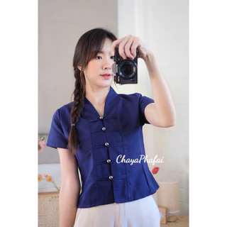 เสื้อผ้าฝ้ายคอวีแขนสั้นกระดุมเมทัลลิค