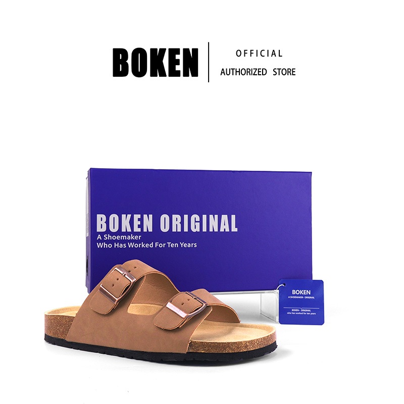 BOKEN Lovers รองเท้าแตะผู้หญิง รองเท้าแตะชายหาดกลางแจ้ง รองเท้าสองสายไม้ก๊อก Lazy