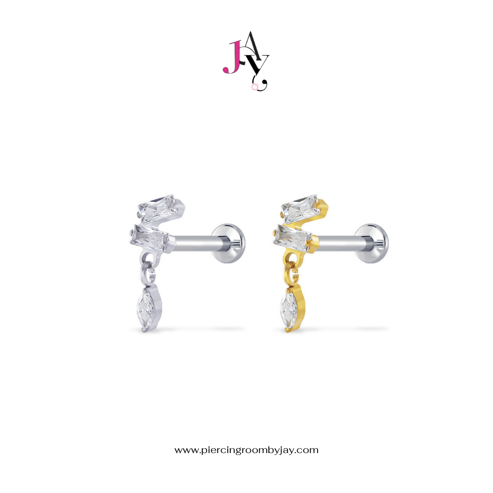 Piercingroom by Jay จิว/ต่างหูแป้นแบน สำหรับผิวแพ้ง่าย 2Barguette Dangle Marquise CZ Titanium เกรดการแพทย์ (ราคาต่อชิ้น)